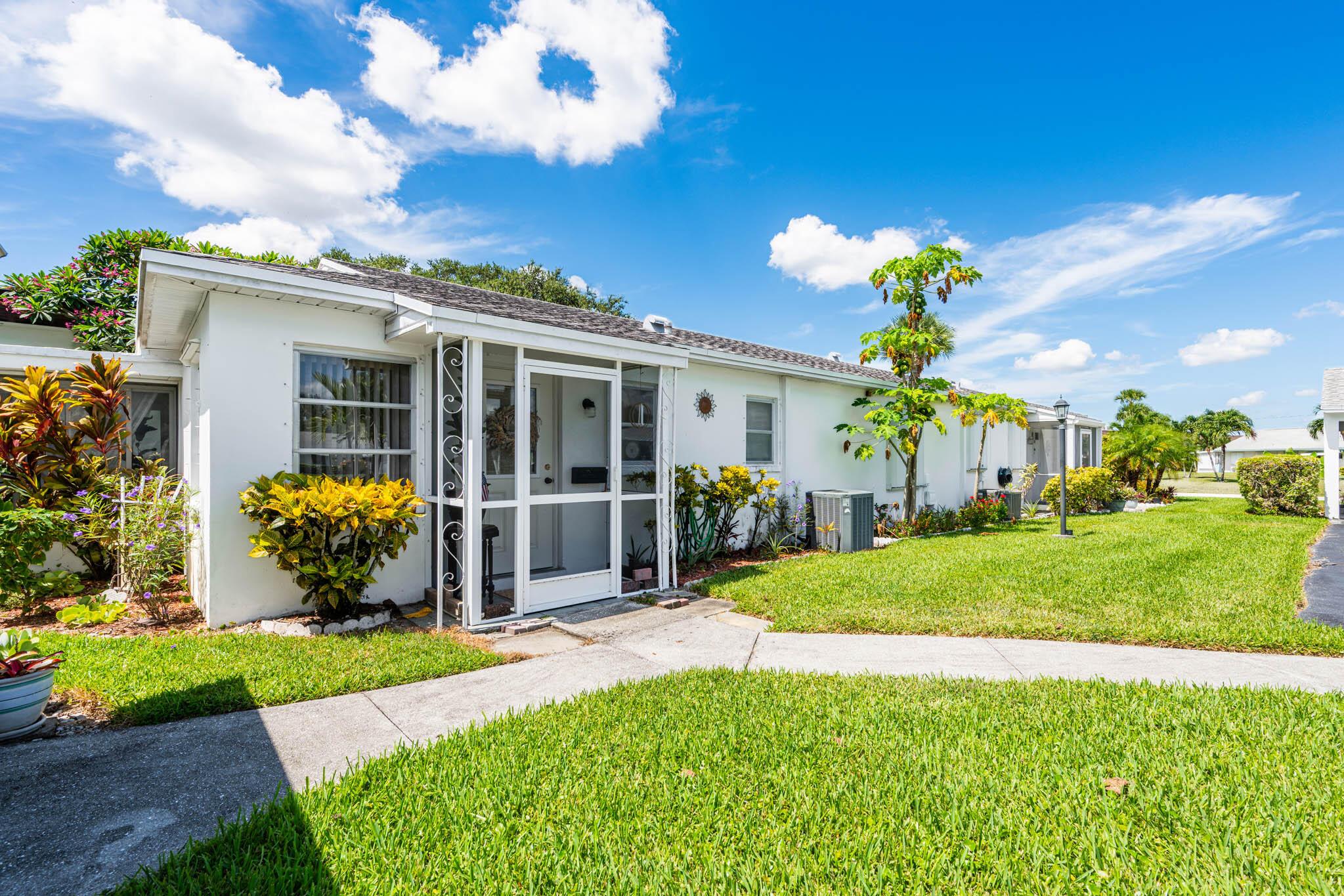 Meridian Park is a quaint, quiet place to downsize and live comfortably with loads of convenient shoppes at Promenade Plaza including a brand new Publix. Many residents consider it a nice walk when you only need a couple of things. The home has a lovely Florida room overlooking a large green area bordering a canal. Some updating has been done and the current tenant is on a month-to-month basis and has taken good care . MP has lots of social activities and a lovely pool, picnic area, library and Internet hookup.Utilities are only electric and advance streaming services. Water, pest control and basic wi-fi, trash, water are included in COA fee. Parking is under cover and near your front door. We have a wind mitigation report done in 2024.