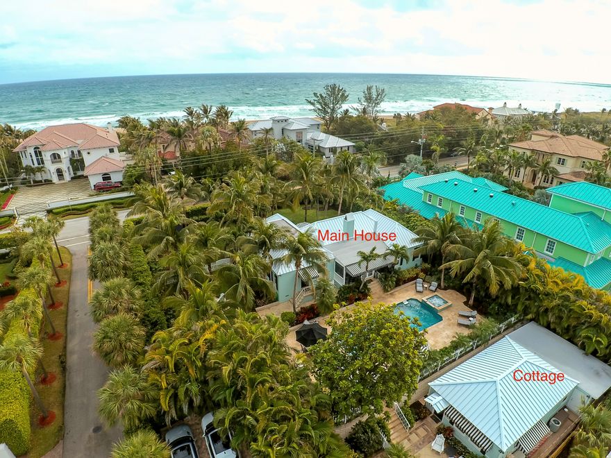 Rare opportunity to own one of the last remaining 1940's vintage estates with 135 ft and over 1/2 acre on prestigious A1A. Delightful compound truly represents the best of authentic Palm Beach charm & gracious living! Extra lg. corner lot features dreamy resort style pool, detached guest cottage, opportunity for expansion and private beach access. Updated main house features chef's kitchen with natural gas, top of the line appliances, 3 BR, 2.5 baths, high ceilings, lg dining room, wainscoting, original wood flooring, crown molding & new metal roof. Detached 1 bed/1 ba cottage is private & irresistible w/ tremendous rental income potential.Outdoor area is an entertainer's dream w/ new pool & spa, marble decking and custom BBQ/Bar. Come fall in love with this one of a kind gem!