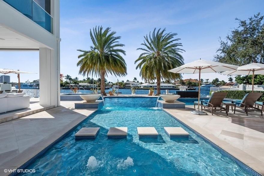 Stunning modern/transitional estate in Sunrise Intracoastal! Designed by Affiniti Architects & built by renowned Sarkela Corp, this custom home is a must see! Grand entrance w/ floor to ceiling windows to showcase the River views. Light & bright floor plan, perfect for entertaining. Features include game room, VIP guest suite, electric shades, formal living & dining rooms, elevator, fireplace & temp. controlled wine cellar. Chef's kitchen w/ double island & high end appliances. Oversized Master bedroom w/ his & hers baths w/ water views. Crestron Smart Home system & full house generator. Enjoy the outdoors all year long w/ salt water pool, oversized jacuzzi, summer kitchen & AC outdoor living space w/motorized solar screens. Walking distance to shopping, Publix, restaurants & the beach.