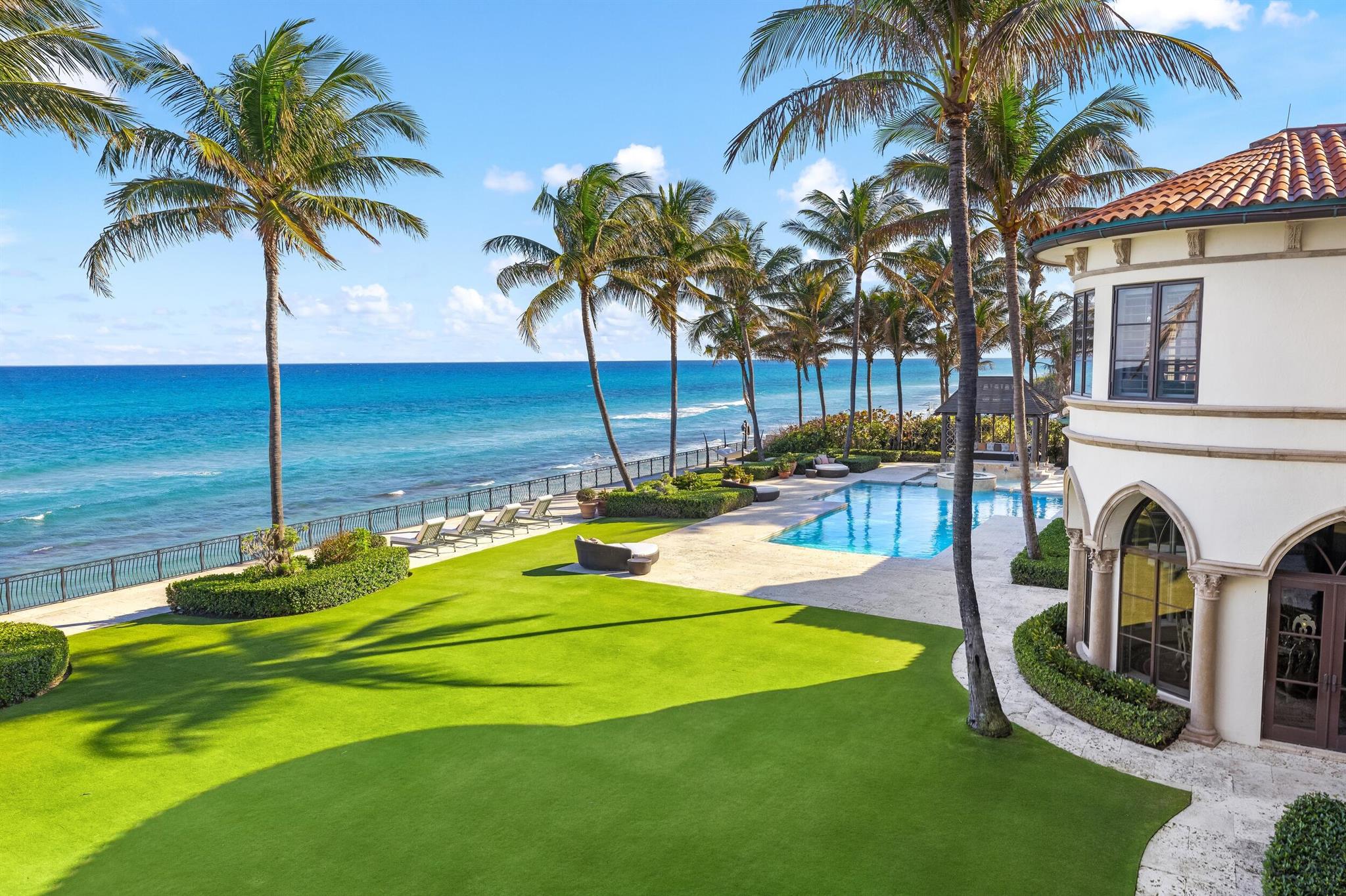 Unrivaled in scale, beauty, and prestige, this ocean-to-lake Mediterranean marvel is a one-of-one triumph of architectural elegance in the heart of Manalapan. Encompassing over 2 lush acres with an astonishing 215 feet of direct ocean frontage, this substantial compound is bar none one of the most important residences to ever become available in South Florida.Set within the ultra-private enclave of Manalapan, this palatial estate spans nearly 28,000 square feet across a grand main structure, a separate guest house, and a dedicated security house. With 9 lavish bedrooms and 16 impeccably appointed bathrooms, every inch of this property has been curated for refined living on a world-class scale.
