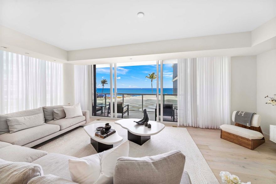This gorgeous beachfront condo is in a boutique complex just minutes from the heart of Palm Beach. 3550 South Ocean Boulevard has high-end amenities, luxury finishes, and state-of-the-art technology. This spacious unit is one of thirty residences, with a large open floor plan and floor-to-ceiling windows. Natural light infuses the space, which also features chiseled limestone, white pine, and Italian marble counters. This unit includes an additional den space that can be used as a sitting area or home office. The primary bedroom has a luxurious ensuite bathroom, a full dressing room, and a private balcony. BACKUP OFFERS ACCEPTED.