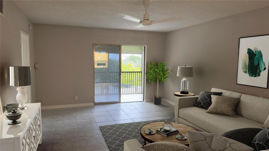 Come and live in this resort style community! Hidden gem in Pompano Beach, top floor corner unit 2/2 condominium has light colored tiles through out. All rooms have been freshly painted in neutral colors. An open bright kitchen. Each bedroom have a connecting full bathroom. Beautiful large screened in patio with a storage unit. Large tropical garden oasis and pool area with 2 tennis courts, shuffleboard, barbecue. Clubhouse with large party room, kitchen, pool, ping pong table, library, sauna and private showers. Centrally located close to the beach and Pompano fishing pier, nightlife with bars and restaurants. Easy Access to i95, and US1. Close to Publix, Stores ,Pompano Library, City hall, Police and Fire station. Maintenance fee will increase Jan 2024 to  $ 1049 per month. Home shield protection for appliances. Laundry room on each floor of the building. Unit has storm shutters and a storage closet on the patio