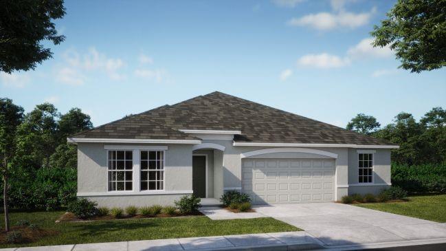 Pre-Construction. To be built. This stunning single-story home maximizes every square foot for extraordinary living, enhanced by soaring 9'4" ceilings that create an open, airy feel. Featuring three bathrooms, the spacious design centers around a kitchen with sleek quartz countertops, seamlessly flowing into the great room—the heart of the home.
The master suite, tucked away at the rear for privacy, boasts a walk-in closet and a deluxe master bath, offering a spa-like retreat. On the opposite side, two secondary bedrooms share a bath, creating a suite-like feel.
The Huntington plan also includes a versatile additional guest room or office space with an adjacent third bath, and a formal dining space that can serve multiple purposes.