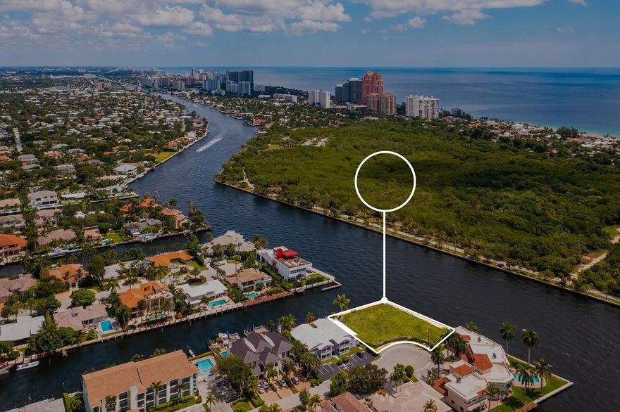 Incredible POINT LOT in CORAL RIDGE! Zoned Multi-Family with 279 ft of prime waterfrontage, offering stunning views of the Intracoastal and Birch State Park. The property is zoned RMM 25, allowing for up to 55 feet in height and versatile uses such as Single Family, Duplex, Townhomes, or Multi-Family developments. Preliminary plans have been completed for 4 luxury townhomes,  6 luxury condos or a 12,000 SF home, . This is an unmatched opportunity for residential development on a Direct Intracoastal Point Lot in East Fort Lauderdale. Just minutes from the beach, downtown, and numerous shopping and dining options, making it one of the best locations in the area! Don’t miss out!