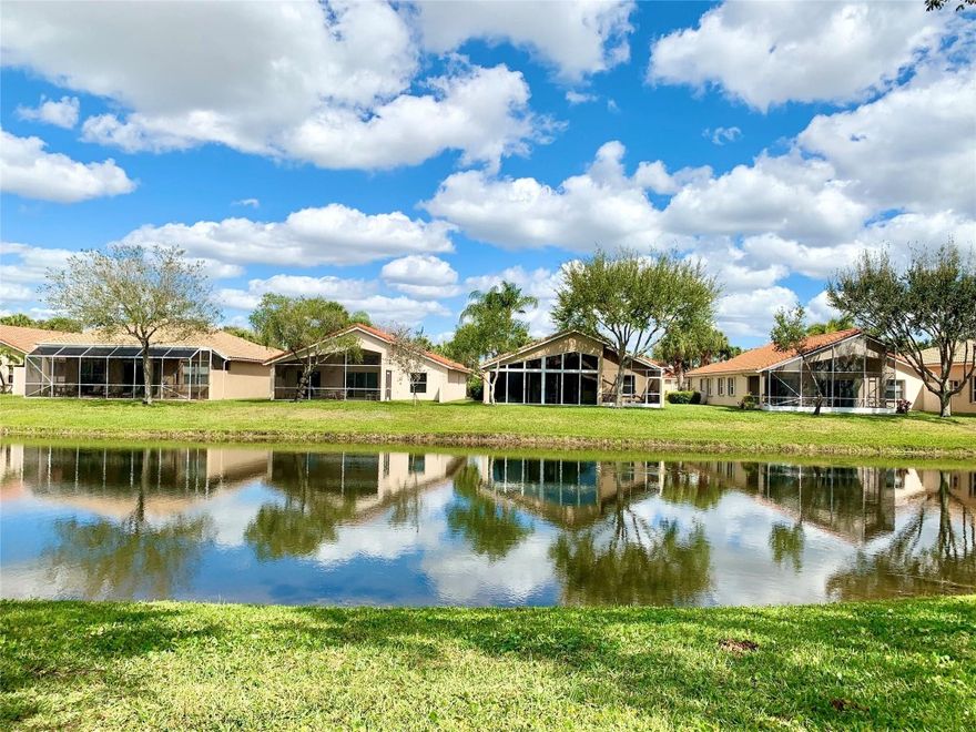 Opportunity is knocking! Lakefront home on a serene lot, only steps away from the BRAND NEW! clubhouse. This “Tiepolo” model offers an open-concept floor plan, high volume ceilings, custom blinds, double impact glass entry doors, complete accordian hurricane shutters and a hurricane rated two car garage door, in the sought after guard gated community of Ponte Vecchio. Three bedrooms, two full baths, living room, dining room, family room, large open kitchen with a working island and newer stainless steel appliances. Light neutral tile installed on a diagonal throughout the home, except two bedrooms. The master bath has double sinks, walk-in shower and a large roman bathtub. Spacious covered screened-in patio overlooking the lake for great outdoor living in this age restricted community.