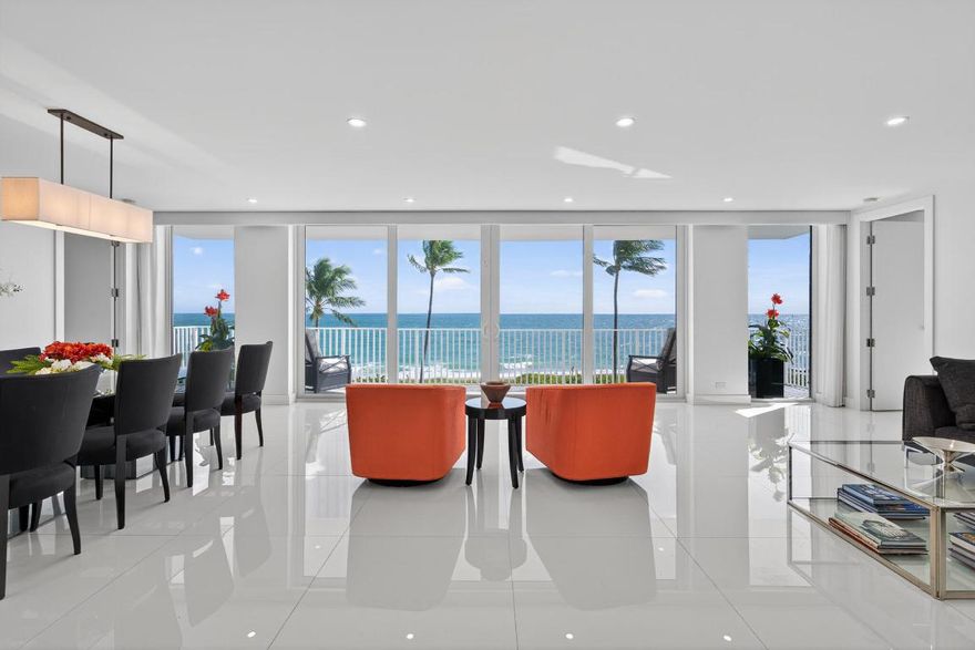 Welcome to a truly one-of-a-kind oceanfront sanctuary at
340 South Ocean Boulevard. Rarely will you find a
condominium on Palm Beach with such magnificent ocean
views from every room! This luxurious residence has been
completely gutted and renovated to the highest standards
resulting in a 3-bedroom, 3-bathroom masterpiece that has
been rarely used and is in immaculate condition.
Step inside to an expansive living and dining area immediately
greeting you with breathtaking ocean views. A spectacular wall
of 33-foot-wide sliding glass doors and windows offers a
direct, uninterrupted panorama of the Atlantic.
The gourmet kitchen is a showpiece, featuring top-of-the-line
appliances, a unique glass countertop, and a sleek glass
backsplash, perfect for both everyday living and elegant
entertaining.
The Master Bedroom is a retreat of refined craftsmanship,
boasting hand-selected rift cut oak wall panels with
seamlessly matching night tables and cabinets. The Master
Bathroom redefines spa luxury with a deep spa tub, an extra-
large walk-in shower, a custom-mitered glass tub deck, and
elegant custom recessed mirrors. The suite is completed by a
large walk-in closet.
Guests will enjoy equal elegance, as both the guest room and the guest apartment feature beautiful rift cut oak accents.
The separate guest apartment offers its own large patio area,
providing privacy and an ideal space for extended stays.
The building offers exclusive features for residents including
private parking and the rare combination of an oceanfront
pool and fitness room.

Highlights at a Glance:
Completely gutted and renovated 3 Bed / 3 Bath
33' wide direct ocean views
Gourmet kitchen with glass finishes
Master suite with rift cut oak paneling and spa bath
Guest apartment with separate large patio
Private parking and exclusive oceanfront pool/fitness room. Pet friendly, no size limit.