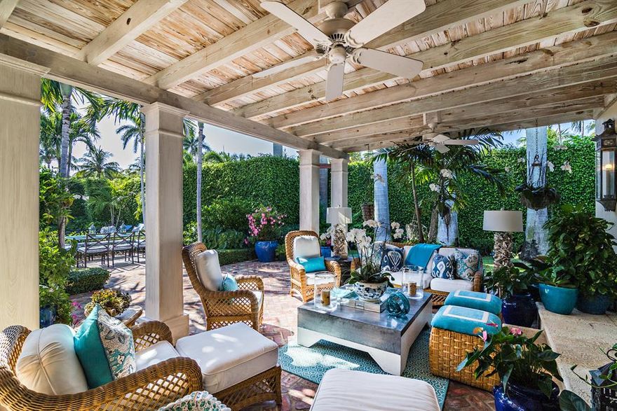 A very sophisticated Palm Beach Bermuda house. Beautifully restored. This 4BR/4.1BA home sits on 18 ft. of elevation on a quiet cul-de-sac street. The outdoor garden was designed by world famous landscape designer, Mario Nievera and includes exceptional outdoor lighting. The interior of the house was designed by noted interior designer, Kim Coleman. The house lends itself to entertaining with an outdoor covered loggia, a terrace overlooking the pool for outdoor dining and barbecue. This sun-filled house has both vaulted,coffered and tray ceilings throughout. Improvements include custom hurricane impact windows & doors that were installed in 2017. Improvements include invisible speakers and new Lutron lights, replaced the air-conditioning units with the most modern system including air filtration and humidity control. Sonos system and internet infrastructure completely updated. Additional feature includes over sized two-car garage.