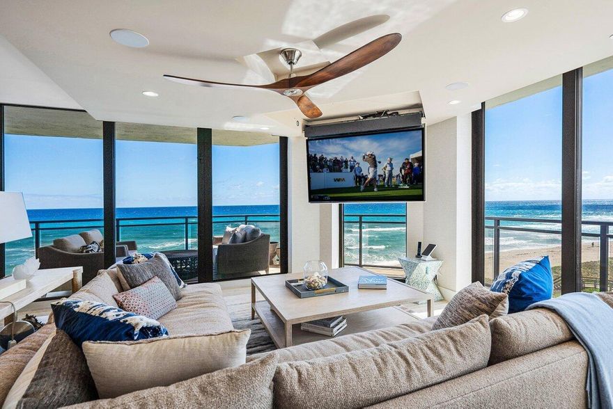 The moment you step into this exquisite direct oceanfront residence you will experience something so beautiful you won't want to leave. This stunning property has been completely renovated with luxury designer finishes and furnishings and is being delivered completely turnkey.  The unparalleled 270-degree ocean and Intracoastal view of this one-of-a-kind unit was accomplished through major modifications, including the relocation of the kitchen and guest quarters to provide an open floor plan. This bespoke home lives like a five-star resort with hospitality-grade finishes and an advanced automation system. The interior details include large format porcelain flooring and walls imported from Italy, Quartzite counter tops, floating ceilings with dimming LED lighting, custom cabinetry, glass