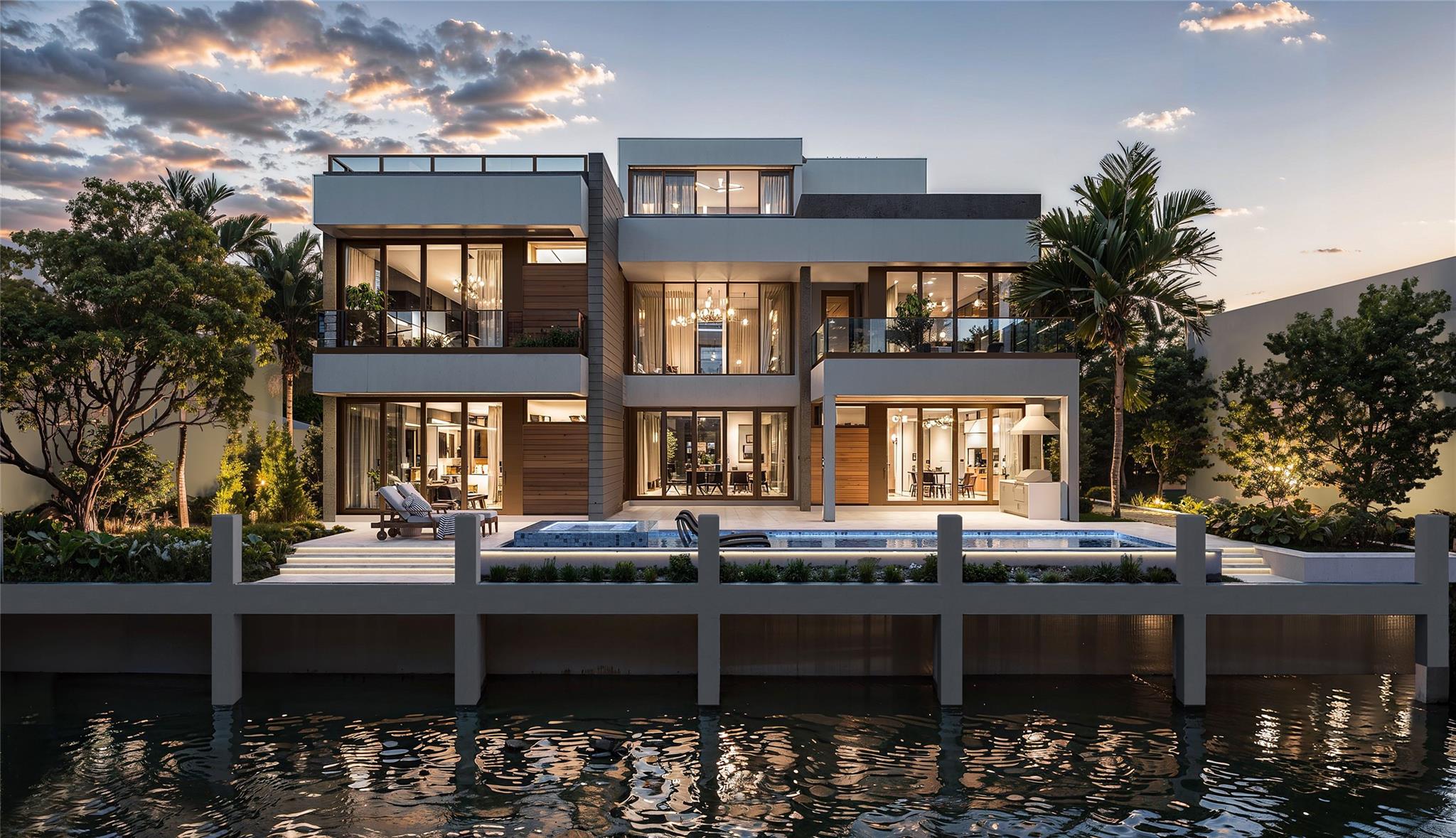 New, Ultra-Modern Deepwater Estate on 80’ of waterfrontage just minutes away from the Hillsboro inlet. An impressive entrance greets guests to a striking three-level oasis of light-filled, organic interiors, spanning four bedrooms, five full bathrooms, & two half baths, each with private balconies. This custom residence sets a new standard for luxury living, with craftsmanship & materials that assure lasting peace of mind. Highlights include a three-level elevator, full concrete block structure, linear diffusers, impact windows and doors, Thermador appliances, glass/cable railings, & more. Perfect for boating enthusiasts, the property features a brand-new full-service concrete yacht dock, offering easy ocean access with no fixed bridges. Completion Approx. Spring 2026. Shown By Appt. Only.