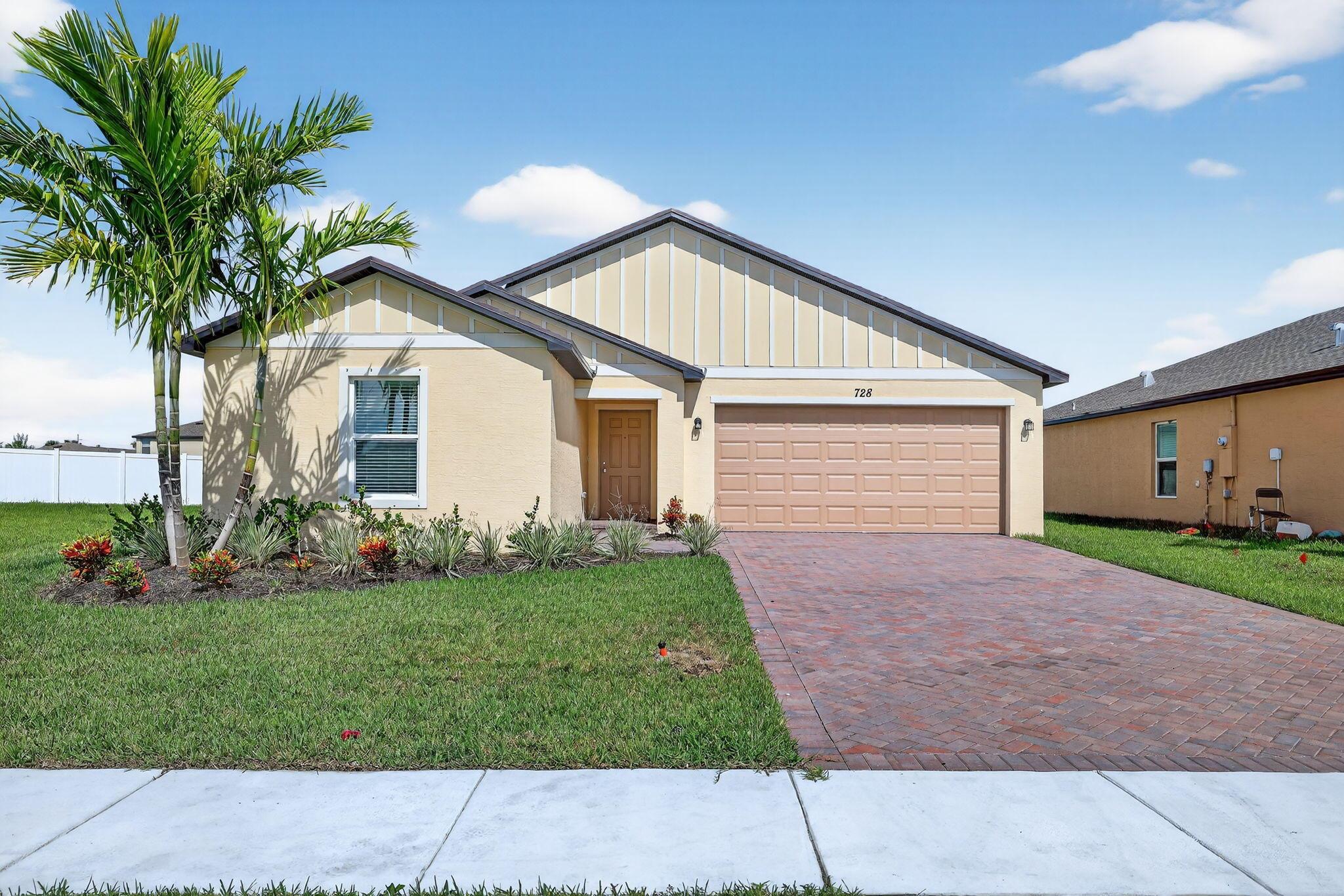 Look no further!! This 4/2/2 new construction home has a spacious and open plan family room, dining room and kitchen. Well equipped kitchen with stainless steel appliances, quartz countertops and cabinets for ample storage. Perfect for entertaining or those cozy family dinners. Enjoy the Communities amenities of tennis, basket ball, fitness center, pool, playground and Clubhouse .Close to the IRSC and I-95, Turnpike and shops.