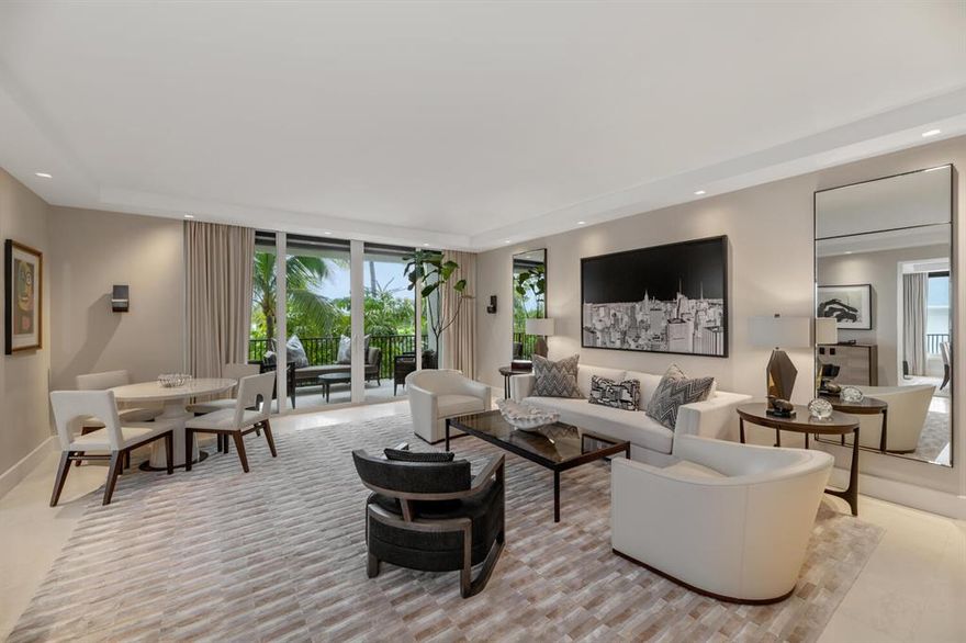 A beautifully renovated furnished apartment with the interior design by David Mitchell Brown incorporating Holly Hunt furniture throughout. One enters this move in ready apartment into a foyer which opens to a gracious living room with a shaded west facing terrace to enjoy the sunset views. The library with sycamore bookshelves and partial ocean views opens from the living room. A separate dining room leads to an eat-in kitchen and separate laundry. Down a hallway from the entrance foyer is the owner's suite with walls upholstered in silk and incorporating a large bathroom with separate closets and dressing area. The ensuite guest bedroom offers upholstered wall and a built-in armoire. The building features full time manager, 24-hour doorman, renovated lobby, pool and exercise room.