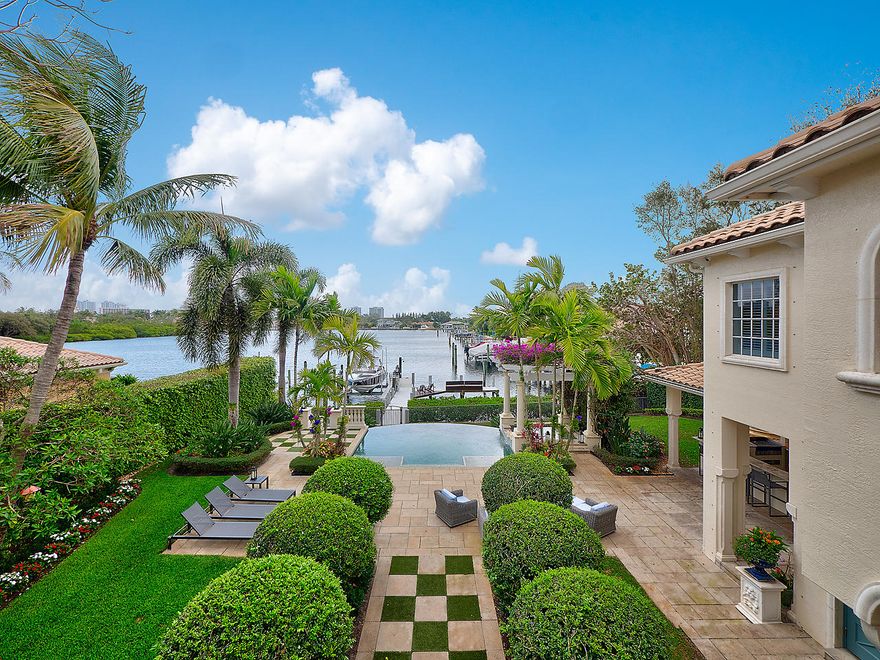 ELEGANT PALM BEACH ESTATE WITH AMAZING WATERFONT AND WATERWAY VISTAS COMBINED MIZNER TOUCH AND COASTAL TRANSITIONAL COMFORT.  GATED COMPOUND WITHIN THE GATED COMMUNITY OF HARBOUR ISLES.  SITUATED ON A DOUBLE LOT WITH BEAUTIFUL MANICURED GROUNDS, SPACIOUS BACKYARD, WITH VANISHING EDGE POOL, SPA WITH TRELLIS, OUTSIDE ENTERTAINMENT BAR/SUMMER KITCHEN WITH POP-UP TV, DEEPWATER DOCK ,90'WF, 40K LIFT,  PORTE COCHERE AND MOTORCOURT (3)CAR GARAGE,  IMMPECCABLE CONDITION, UPDATED KITCHEN WITH WHITE MARBLE COUNTER TOPS, TOP OF THE LINE APPLIANCES, 2 CHILLER DRAWS, 1 WINE CHILLER, 6 BURNER GAS COOKTOP, AND DOUBLE OVEN, HUGE ISLAND, LUNCH BAR, KITCHEN, BREAKFAST AREA, SPACIOUS FAMILY RM FRENCH DRS. GRAND ENTRY WITH 2 STORY FOYER, FORMAL LIVING ROOM , GORGEOUS FORMAL DINING ROOM, GREAT FOR ENTERTAINING GORGEOUS WATER VIEWS FROM THIS MASTER SUITE, WITH AMAZING WITH SEPARATE HIS AND HERS BATHS, HERS IS APPOINTED WITH BEAUTIFUL WHITE MARBLE AND DUO VANITIES, SEPARATE SHOWER, SOAKING TUB, WITH MARVELOUS WATERWAY VIEWS! HIS IS APPOINTED WITH CUSTOM MARBLE SHOWER AND VANITY,  CUSTOM WALK-IN CLOSETS WITH ORGANIZATIONAL COMPONENTS , ENJOY THE BEST WATERVIEW IN THE NEIGHBORHOOD WIDE OPEN VIEW OF THE HARBOUR! GUEST BEDROOMS ARE ALL ENSUITE AND ARE BEAUTIFULLY APPOINTED. BEAUTIFUL WATERVIEWS FROM 4 OF THE GUEST SUITES! ENJOY A CUP OF COFFEE FROM YOUR BALCONY OVERLOOKING THE WATER!  ADDITIONAL OVERSIZED GUEST SUITE CAN BE A GREAT FITNESS ROOM, OR STUDIO. 
THE ESTATE IS PRIVATELY GATED WITH A DRAMATIC ENTRANCE PORTE COCHERE THAT ENTERS INTO THE MOTORCOURT AND YOUR 3 CAR GARAGES (ONE SEPARATE) ALSO THE GARAGES ARE ALL 9'.  THE HOME HAS A WHOLE HOUSE GENERATOR, IMPACT FRENCH DOORS AND WINDOWS, (FRONT DOOR IS CUSTOM AND HAS PROTECTION).  THE VANISHING EDGE POOL AND SPA WITH TRELLIS AND BOUGAINVILLEAS OVERLOOK THE WATER!  THE SUMMER KITCHEN AND OUTSIDE ENTERTAINMENT BAR WILL GIVE YOU HOURS OF RELAXATION AND ENJOYMENT.  POP-TV IS ADDED BONUS!  ENTAINING OUTSIDE WITH THIS BEAUTIFUL YARD IS FUN FOR THE FAMILY AND PETS!  MANICURED GROUNDS WITH BEAUTIFUL FLORIDA LANDSCAPING ADD TO THE PROPERTIES' IMMPECCABLE HOMESITE.  SOPHISTICATED SECURITY AND CAMERA SYSTEM ARE INCLUDED WITH THE HOME.