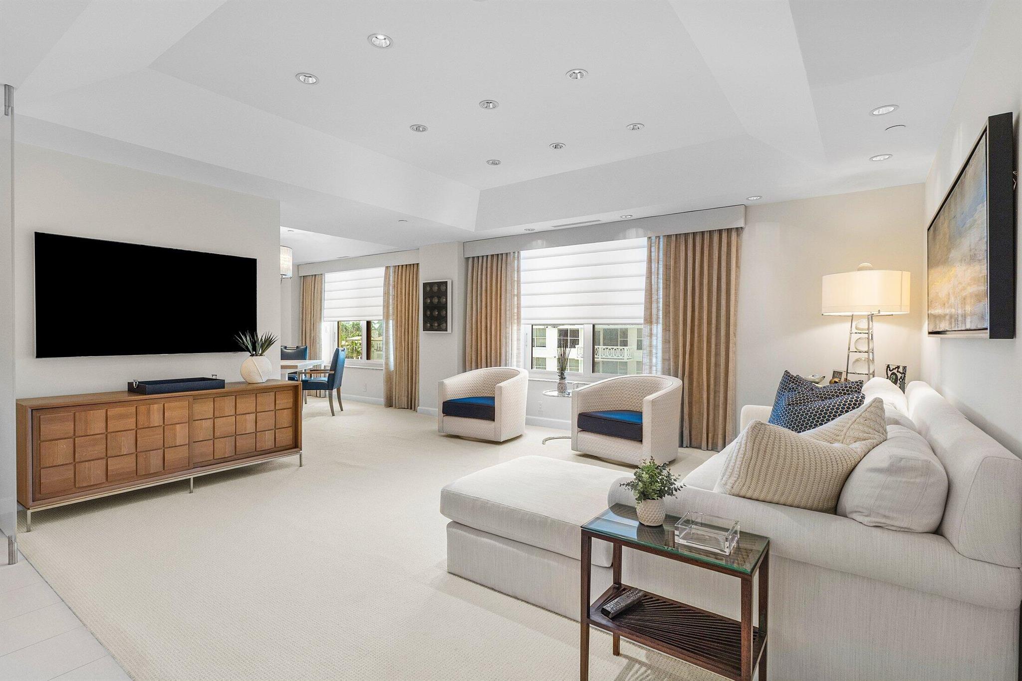 Experience effortless in-town living in this beautifully renovated and furnished 2 bedroom, 2 en-suite bath residence located in the sought after PB Biltmore. With direct, sweeping views of the Intracoastal Waterway, this tastefully appointed residence features a spacious layout, open kitchen with top appliances, motorized window treatments, abundant custom storage, and a dedicated laundry room. Newly renovated full service building w/ 24/7 security, doorman, valet parking, resort-like pool, tennis, fitness center, on-site marina, lake trail access, and a private beach club complete with shuttle service for your convenience. A unique offering all in a prime, walkable in-town location. 2 car parking and Pets Permitted!