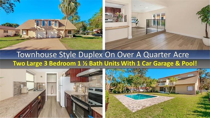 Shake That Money Maker With This Turnkey Townhouse Style Duplex On Over Quarter Acre Corner Lot! Both Units Are Large 3 Bedrooms 1 1/2 Baths With 1 Car Garages & Private Balconies Over Looking The Pool & Fenced Yard. One Units Is Fully Updated With Brand New Laminate Flooring, New Bathrooms & Updated Kitchen. Perfect For Owner Occupant Or Investor! Building Has Separate Electric & Water Meters So Tenants Pay Their Own Utilities. Proforma Gross Income Is $68,808. Total Annual Expenses Are Around $15,545. Expenses Include Taxes: $9,905 Landscaping: $480 Insurance: $4,800 Pool: $360. TAKE A VIRTUAL TOUR OF THE ENTIRE PROPERTY NOW BY CLICKING THE VIRTUAL TOUR LINK SECTION! DO NOT LET THIS ONE SLIP AWAY!