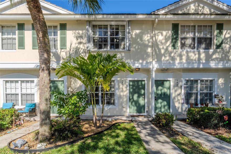 Beautifully updated/remodeled 2-bedroom plus den townhome in desirable, guard-gated Coral Reef Club! Outstanding features include remodeled/enclosed den that serves as perfect office or theatre; enlarged kitchen w/ additional counter space & expanded pass thru window to dining area; private patio w/ completely fenced yard; accordion shutters upstairs & full hurricane protection; interior laundry & more! Upgrades include new wood-look vinyl floors downstairs; renovated bathrooms; brand new refrigerator; newer washer/dryer; newer A/C (2020) & newer water heater! Highly sought community located in outstanding school district, & close to shopping/dining! Amenities include pool, playground, basketball court! HOA fee includes insurance, roof, guard gate, landscaping/lawncare, trash & amenities.