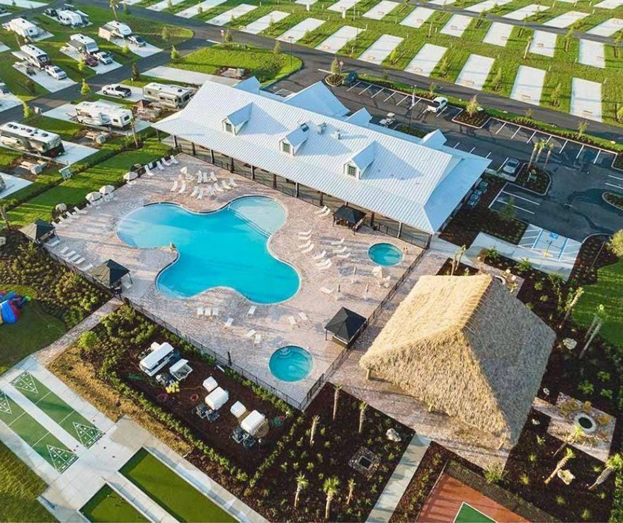 Enjoy this 4112 Sqft of executive waterfront lot with built in fire pit. is in a premier class A-only gated community Resort at Canopy Oaks. This spacious site offers full hookups (30/50 amp, water, sewer), a large concrete pad, high-speed internet, and access to top amenities including a heated pool, hot tubs, clubhouse, fitness center, pickleball, and on-site dining, & tiki bar. Enjoy peaceful resort living just 1 hour from Orlando, 45-50 minutes to Disney, and close to Universal and SeaWorld. Perfect for seasonal stays or full-time RV living. Owners may live here themselves or rent the site out for income. making it ideal for both personal use and investment