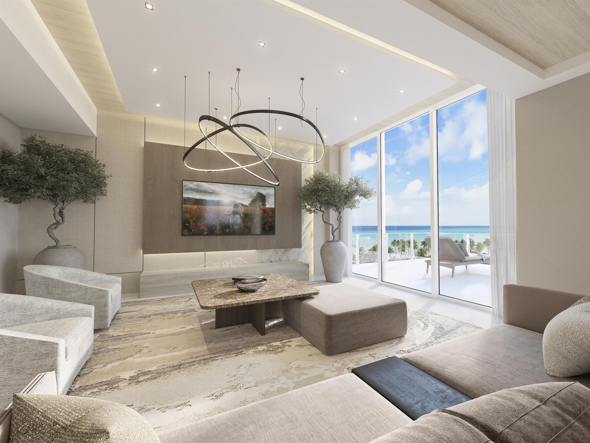 Sales Gallery located at 3200 E. Atlantic Blvd. Step into a world of sophisticated coastal living with the Salato Pompano Beach Penthouse 801, ideally located at 305 Briny Avenue, Pompano Beach, FL. The Penthouse offers a glimpse into the luxurious interiors and thoughtful layouts of this residence, with interior designs curated by Steven G. The spacious great room is designed for comfort and elegance, featuring contemporary furnishings and breathtaking ocean views, perfect for relaxation and entertaining. The open-concept dining room seamlessly flows into a modern kitchen, boasting high-end appliances and a stylish island, ideal for culinary adventures and gatherings. Unwind in the serene primary bedroom, offering stunning ocean vistas, a king-size bed, and elegant decor,
