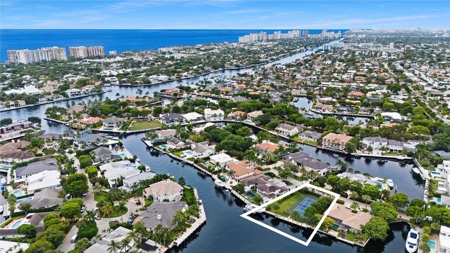 Exceptional opportunity in Bay Colony, a 24 hr security guard gated community, just 5 minutes from Pine Crest School, this 12,077 SF lot offers 100 feet of wide water views, direct ocean-access, no fixed bridges, and dockage for up to an 80-ft yacht on a newer cement dock. An ideal canvas to build your dream home, with architectural plans available for a stunning 7,183 SF modern residence, offering significant time and savings cost. A rare combination of prime location, boating lifestyle, security for your dream home.