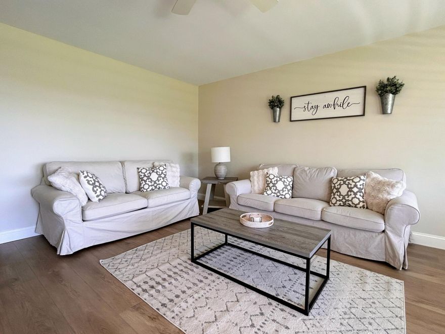 NEW PRICE!!! BEAUTIFUL REMODEL IN POPULAR 55+ STERLING VILLAGE. A RARE 2 BEDROOM/1.5 BATH END UNIT ON 2ND FLOOR. PLANK STYLE LUXURY VINYL FLOORING IN ALL ROOMS. KITCHEN HAS NEWER STAINLESS-STEEL APPLIANCES, DEEP SINK W/ PULL OUT POT FAUCET, WHITE SHAKER CABINETS, WHITE SUBWAY TILE & QUARTZ COUNTERS. BATH HAS TALL VANITY/TOILET AND SUBWAY TILE TO THE CEILING. 5 MATCHING CEILING FANS & WIDE BLINDS ARE IN ALL ROOMS. STYLISH PICTURES & FURNITURE INCLUDE A QUEEN SLEEPER SOFA. NEW AC & UPGRADED ELECTRIC BOX ADDED FOR SAFETY. NEW THIS YEAR & INCLUDED IN HOA DUES ARE INTERNET IN ALL CONDOS, CAR WASH AREA, GATED & FENCED PERIMETER, PICKEBALL & FITNESS CENTER IN RENOVATED CLUBHOUSE. VILLAGE IS WALKING DISTANCE TO BOYNTON MARINA W/ WATERFRONT RESTAURANTS, BOAT CHARTERS & TIKI TAXI FOR (Pg 2 More HAPPY HOUR! A BLOCK FROM DRAWBRIDGE THAT LEADS TO OCEANFRONT PARK DIRECTLY ON THE ATLANTIC. JUST MINUTES TO AIRPORTS, HOSPITALS, ALL SHOPPING, AND NUMEROUS RESTAURANTS AND ENTERTAINMENT. STERLING VILLAGE BOASTS OF A 1/2 MI PROMENADE DIRECTLY ON THE INTRACOASTAL, A GREAT PLACE TO SIT ON A BENCH TO BOAT WATCH, FISH (NO FL LICENSE REQUIRED FOR OWNERS) OR TO WALK FOR DAILY EXERCISE. THIS IS A SNOWBIRD HAVEN IN THE WINTER W/ ENDLESS CLUBS & ACTIVITIES. GRAB THIS GREAT CONDO & BEGIN LIVING YOUR FLORIDA DREAM NOW!