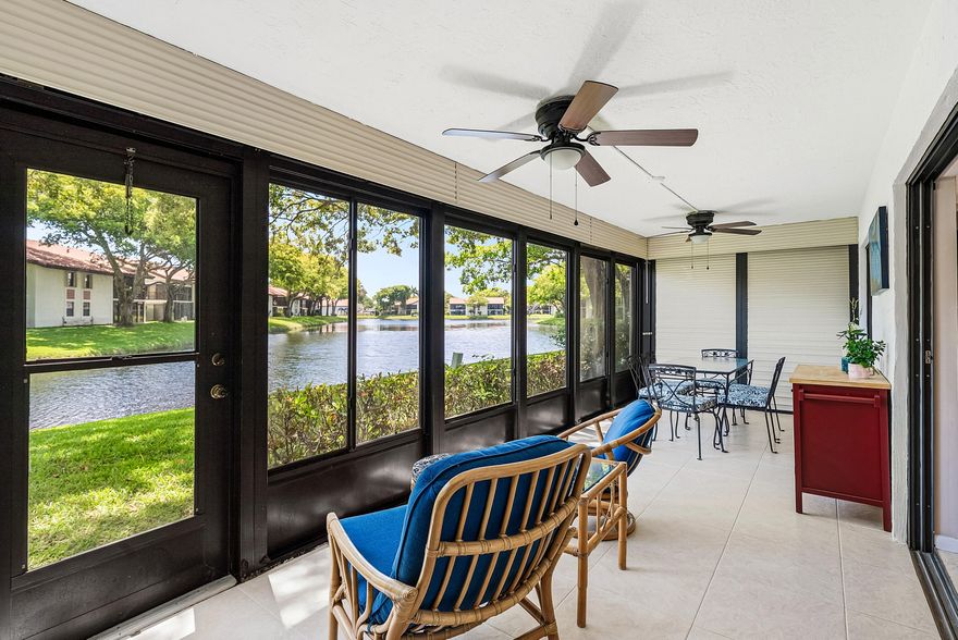 Welcome to this immaculate 3-bedroom, 2-bath waterfront home, offering serene and picturesque views.  Enjoy the enclosed patio, perfect for expanding your living space and relaxing while taking in the peaceful surroundings. Additional highlights include a newer A/C (2021), vinyl and tile flooring throughout. The primary bathroom has been recently renovated, and the home offers spacious walk-in closets for ample storage. The third bedroom is thoughtfully opened to the living area, creating an airy, more expansive feel. Located in the desirable Palm Chase community, residents enjoy access to resort-style amenities including a pool, pickleball and tennis courts, fitness center, walking paths, and bocce ball.   Perfectly situated in a prime location, you'll appreciate the easy access to major roadways, nearby shopping centers, popular restaurants, and beautiful South Florida beaches offering the ideal balance of peaceful living and everyday convenience.