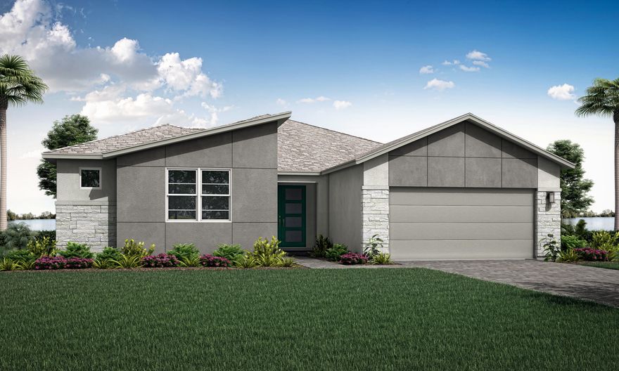 The Biscayne Bay floor plan offers 4 bedrooms and 2.5 baths across approximately 2,750 sq ft of single-story living. Features an open-concept layout with a spacious kitchen and island overlooking the great room and dining area, plus a flex space and a private owner's suite with dual walk-in closets