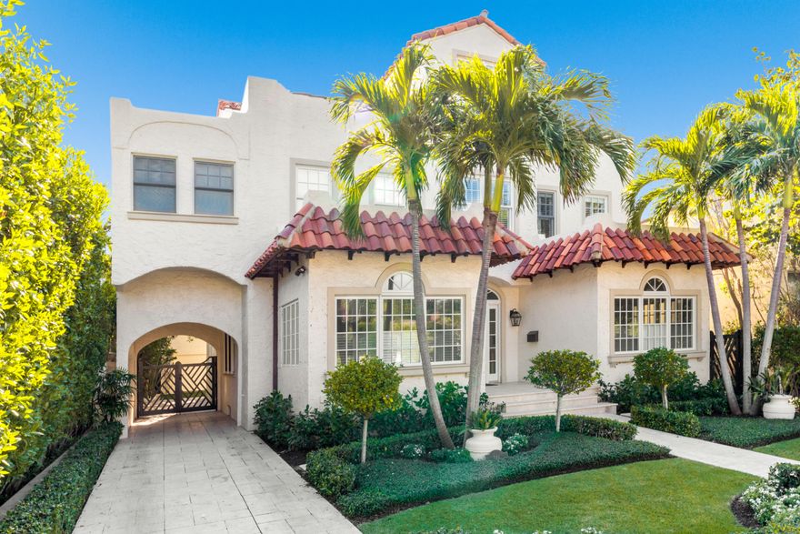 Close to Worth Avenue, this tastefully renovated, well scaled and spacious (5600+ SF) 1920's 5 BR/5.5 BA plus guest house is filled with character.   Features include hardwood floors, impact windows/doors,  Caesarstone kitchen, marble bathrooms, & pool.  Newly landscaped. A must see!