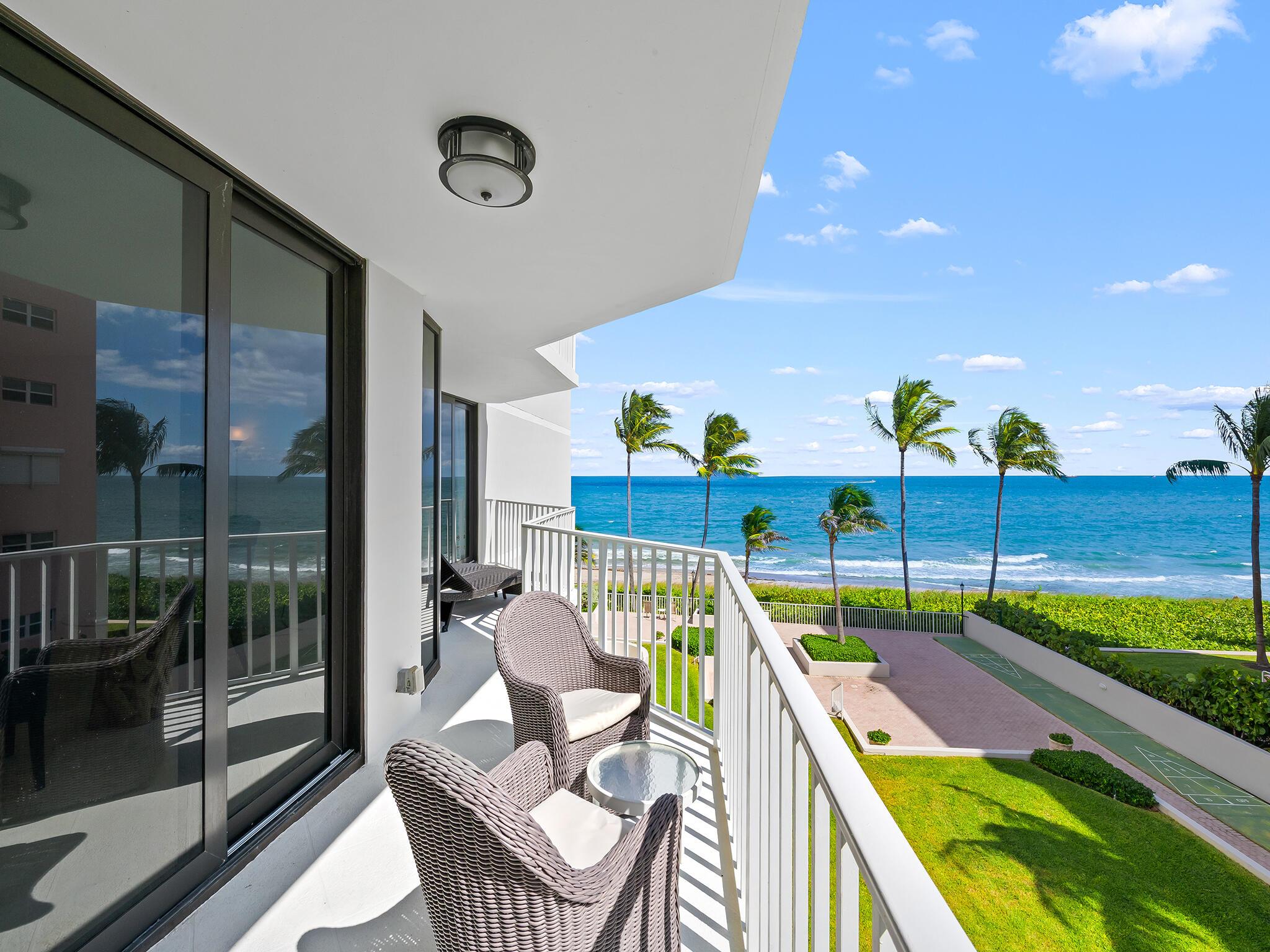On the Beach!!  Nestled in a charming boutique building, this 3rd-floor oceanfront condo offers a large split floor plan, multiple balconies and strong views of the Atlantic, & is only a short walk to Latitudes at the Delray Sands Resort.  With only a handful of residences in the building, you'll enjoy a quiet beach atmosphere.  Floor-to-ceiling sliding glass doors flood the space with natural light.   Step onto your private balcony and take in the sights and sounds of the waves, perfect for morning coffee or evening sunsets.Secure elevator access directly to your floor.  40 year inspection and Structural Integrity Reserve Study have been completed.  This community is fully funding reserves.  This unit has garage parking, pool, sauna, spa-hot, bike storage, fitness center & park on the