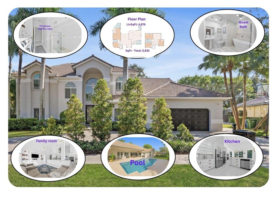 Experience unparalleled luxury in the prestigious, guard-gated community of Tequesta—one of Weston's most exclusive enclaves known for privacy, elegance, and notable celebrity residents. This exquisite two-story estate features 5 bedrooms and 5 full baths, a comprehensive, high-end renovation, delivering flawless design, sophisticated finishes, and timeless modern refinement at every turn. The home features full impact windows and a new 2018 roof, ensuring both beauty and peace of mind. Outdoors, the property continues to impress with a resort-style pool surrounded by travertine decking and a full cabana bath, creating a tropical oasis designed for year-round relaxation and sophisticated entertaining. Step inside to soaring ceilings and sun-filled living spaces, where natural light reflects off the stunning 4x2  designer ceramic floors.  Custom built-ins in every closets in all rooms. The chef's kitchen is a showpiece of contemporary elegance fully reimagined in 2022 with Italian Carrara marble countertops, custom cabinetry, premium fixtures. The owner's suite is a private sanctuary of indulgence. The spa-inspired bath (2021) features Carrara marble, a rejuvenating Jacuzzi, and steam room bringing resort-level luxury to your home. All baths have been upgraded with luxury finishes. Two of the three upstairs guest rooms are full en-suites, one guest en suite is downstairs for convenience. Perfectly located next to Peace Mound Park and  Weston's top-rated schools, fine dining, luxury shopping, this is more than a home it's a lifestyle defined by elegance, comfort, and exclusivity. Every detail is thoughtfully designed for elevated everyday living.