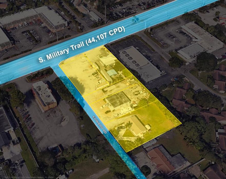 This is a rare 1.14-acre, five-parcel retail development assemblage at the block-end corner of S Military Trail & Edward Road in Unincorporated Palm Beach County. UI zoning supports QSR/drive-thru, car wash, medical, automotive, self-storage, mixed-use & more. 44,107 CPD. $15K/month M-T-M income provides positive carry during entitlement. Dual access. Full utilities on-site. Three existing structures priced as tear-downs — land value only. Faster entitlement than municipal jurisdictions.