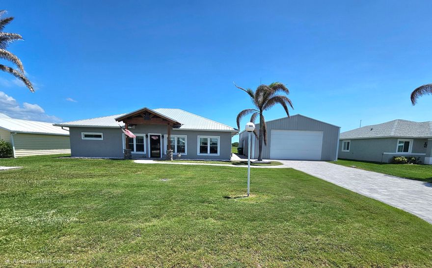 PARADISE IN PALM VILLAGE RANCH! Exceptional 3Bd/ 3Ba/ 4 Car Garage, CBS home with 50 X 30 Metal building and concrete driveway. Durable Metal roof. Hurricane Impact windows provide added storm protection and peace of mind. Split floor plan with open-concept living design and vaulted ceiling. Vinyl wood flooring throughout. Bright recessed high hats lights and ceiling fans for added comfort and style. Stylish kitchen equipped with granite countertops, upgraded appliances, and custom soft-close cabinets, including a large kitchen island and very spacious pantry create the perfect setup for cooking and entertaining. Elegant and comfortable Master suite with private sliding door access to the backyard and scenic views. Oversized master bath featuring double shower heads and a Jack-and-Jill  style dual vanity. Big outbuilding 50' x 31' with an interior office, half bathroom, and durable metal construction including roof allow ample storage for your boat. Enjoy peaceful gatherings on the screened back porch overlooking breathtaking panoramic views. Lush Florida palms. HOA/ 73mo, Community pool, Gated. DREAMS DO COME TRUE! Dimensions are approximate, must measure for exact