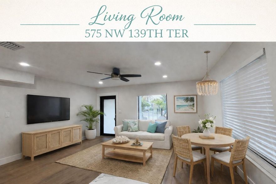 Like New! 2BR/1BA one-story single-family home featuring an efficient floor plan with beautifully updated interiors. Enjoy low carrying costs & potential insurance savings thanks to a brand-new roof, impact-rated tinted windows/doors, & the added benefit of no HOA fees. Premium German-made hybrid resilient plank flooring & recessed LED lighting provide a bright & modern feel. The kitchen offers new soft-closing wood cabinets, quartz countertops, & brand-new smart appliances. Stylishly upgraded bathroom with contemporary finishes. On an oversized 6,500 SF fully fenced lot with more than enough room for expansion, so your home can grow with your family. Prime location with easy access to I-95,Palmetto(826), & Turnpike. Near world-class universities, shopping, dining, & beaches. Easy to see. A Place Where Your Home Goes Beyond Your Doorsteps!    Enjoy the vibrant Miami lifestyle with year-round sunshine, beautiful nearby beaches, world-class dining, and endless entertainment.  Just minutes from Downtown Miami, Aventura, and major universities, this location offers the perfect balance of convenience and leisure.  Spend weekends exploring local parks, cultural events, shopping destinations, and waterfront attractions. With easy highway access, commuting is simple while still enjoying a quiet residential setting—making this home ideal for both comfortable living and long-term investment in one of South Florida’s most dynamic markets.-INTERIOR:-One-story single house with 2 Bedrooms & 1 Bathroom. No stairs to climb. -Open floor plan for a bright and modern feel.-Fully upgraded designer kitchen with all “bells & whistles.”-Gorgeous quartz countertops with a waterfall finish & built-in “BREAKFAST BAR”.-New energy-efficient refrigerator.-New wood soft-closing kitchen cabinets.-Self-cleaning oven & 5-burner stove top.-Built-in microwave with exhaust fan.-New dishwasher.-New undermount stainless steel sink with garbage disposal.-Premium German-made water / scratch-resistant and pet-friendly plank flooring with a lifetime warranty.-New energy-saving Rheem instant (tankless) water heater.-Recessed energy-efficient LED lighting in every room.-Upgraded contemporary glass shower enclosure.-New 52” contemporary fans in the family room & bedrooms with remote controls.-Upgraded window blinds throughout.-Bonus Upgrade: handicap-friendly front entry way ramp (front walkway & ramp made of reinforced concrete .-A Three-ton high-efficiency central air-conditioning system. Keep cool for le$$.-Freshly painted interior walls.2-EXTERIOR:-New roof & impact/tinted windows & frosted glass front door for lower energy and insurance cost.-No HOA monthly payments. Another source of savings.-Separate utility & storage room with new finishes; flooring, walls, lighting & GE washer & dryer.-Oversized 6,500 SF lot with plenty of room to add a pool and expand your home.-Parking for multiple vehicles.-Fully fenced-in yard – great for privacy & pet owners! Your pet will thank you for  it.-Digital programmable electric lock at the front door.-Solar-powered LED exterior flood lights.-Two security gates: front walkway & driveway.-New landscaping & upgraded well-fed sprinkler system with programmable timer.-Freshly painted exterior walls.3-LOCATION:Close to everything you will ever need!!!Here’s a list of nearby universities, hospitals, schools, and key points of interest around 575 NW 139th Terrace, North Miami, FL 33168.*Nearby Universities & Colleges:-Florida International University Biscayne Bay Campus – Major public university campus with a variety of programs.-Barry University – Private university with diverse degree options.-Johnson & Wales University Student Academic & Financial Services – University presence in North Miami.-University of Miami – Prestigious private university in Coral Gables (driveable for higher education).-Nearby college options include Miami Dade College – North Campus and others in the broader Miami area. *Medical & Hospital Facilities:-North Shore Medical Center – Community hospital with emergency services.-Jackson North Medical Center – Full medical services in nearby North Miami Beach.-UHealth Jackson Urgent Care - Keystone Point – Local urgent care facility for immediate health needs.-Miami Beach Community Health Center North – Community health services nearby.-Hialeah Hospital and HCA Florida Aventura Hospital – Additional hospital options within reasonable driving distance.-St. Catherine's Rehabilitation Hospital – Rehabilitation services close by.-Other nearby care providers include specialty clinics and women’s health. *Schools (Public & Private).**Public Schools (Miami-Dade County):-Arch Creek Elementary School – Public elementary near the home.-North Miami Elementary School – Public elementary.-David Lawrence Jr. K-8 Center – Public Pre-K to 8.-John F. Kennedy Middle School – Public middle school.-Natural Bridge Elementary School – Public elementary.-Alonzo & Tracy Mourning Senior High School – Public high school.**Private & Alternative Schools:-Miami Union Adventist Academy – Private PreK–12 school.-St. James Catholic School – Private PK–8.-Keystone National High School – Private high school.-Other private education options exist within a close drive.*Other Important Community Features; Beaches & Outdoor Lifestyle:-Close to Haulover Beach Park.-Minutes from Oleta River State Park (kayaking, biking, nature trails).-Near Greynolds Park.-Short drive to Bal Harbour Shops and area beaches.-Close to Aventura Mall.-Near Hard Rock Stadium (NFL games, concerts, Formula 1, major events).-Quick access to Wynwood, Design District, and Miami nightlife.*Other Important Community Features:-Close access to major highways (I-95, Palmetto 826, Turnpike) makes daily commutes, travel, and university access easy. -Within 20–30 minutes of downtown Miami, beaches, cultural venues, shopping, and major employment centers.
