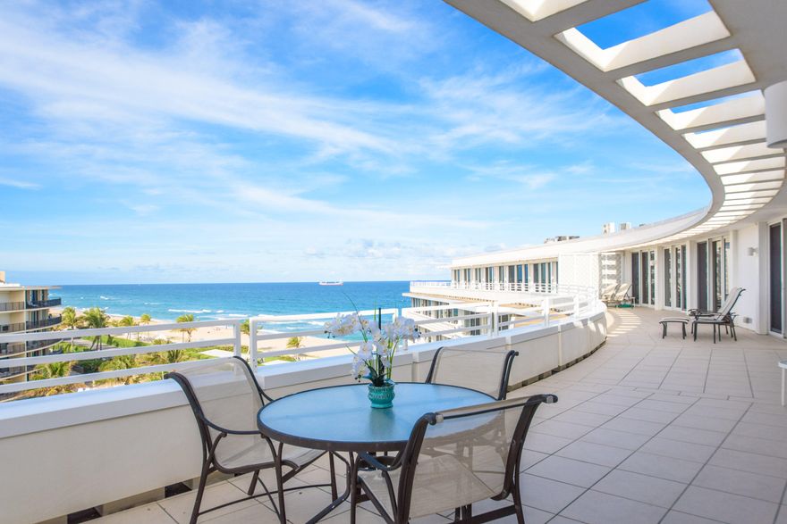 Fabulous ocean views, PH10 offers 2433 square feet, 2 bedrooms, den, 3 full baths plus one half bath all with floor to ceiling onyx, lots of storage space, modern kitchen, 9ft ceilings, huge private terrace of 558 sq ft to take in ocean to Intracoastal views. Enjoy a split floor plan with a Master Suite at each end of the condominium offering private living spaces for all. No car needed when living at the Sun & Surf. Everything you need is minutes away but the valet is happy to have your car waiting at the front door should you prefer to drive.Deeded beach access, private oceanfront sunning area, exercise room, fabulous pool and common areas. A stone throw from 5 star restaurants, grocery stores and near by bike trail. 24 hour security with valet and concierge service. Palm Beach!