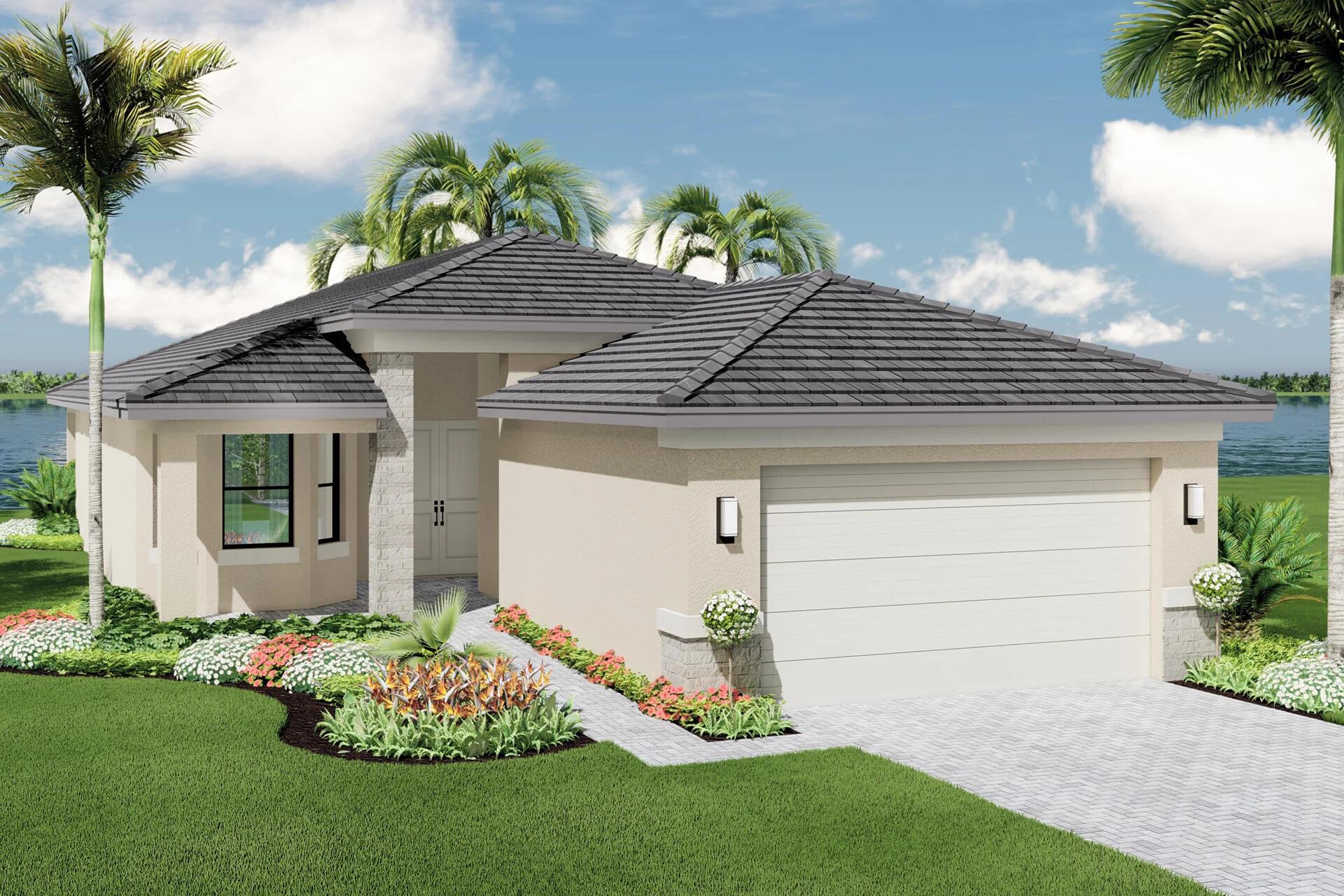 Valencia Grove at Riverland is where you'll find Port St. Lucie's best 55+ lifestyle with a million ways to have fun including a beautiful 34,000-square foot Clubhouse with resort-style amenities. This Lucia floorplan includes private landscaped views and an open floor plan with contemporary porcelain 24''x24'' matte tile flooring throughout all main living areas and den. All bedrooms include plush carpet. The home features high end finishes including impact glass windows, GE gas appliances, tile roof, and recessed LED lighting. The spacious kitchen includes quartz countertops with a designer decorative tile backsplash, painted white maple shaker style cabinets with soft close doors and drawers, and stainless-steel appliances including a chimney style hood.