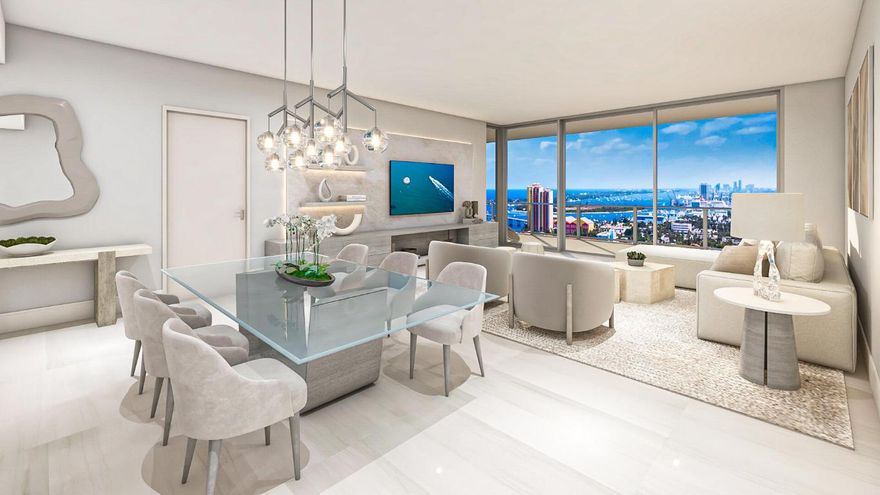 Move-in ready residences at Nautilus 220 mark a new chapter in refined waterfront living—featuring sweeping Intracoastal Waterway and Atlantic Ocean views, timeless design, and an elevated lifestyle. Enjoy world-class amenities, a private wellness center, resort-style pools, and waterfront dining at SeaHawk Prime by David Burke. This open floorplan is beautifully appointed with 10ft ceilings and hurricane impact glass, porcelain tile throughout, full Miele Appliance package, wine & beverage cooler, waterfall quartz kitchen island and countertops with European cabinetry, split-bedroom layout, oversized owner's suite with large bathroom featuring freestanding soaking tub, and two terraces with South/Southeast water, marina, city, and pool views.