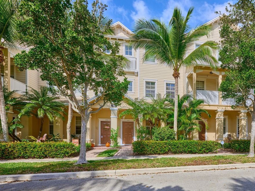 2BR + Den Townhome | 2-Car Garage | Impact Windows | Jupiter  Immaculate 2-bedroom, 2.5-bath townhome with den/office and attached two-car garage in Jupiter. Recent updates include new roof, new A/C, fresh interior and exterior paint, new flooring, LG washer/dryer, and hurricane impact windows. Gourmet kitchen features wood cabinetry, granite countertops, and stainless steel appliances. Both upstairs bedrooms offer en-suite baths with Roman tub and separate shower. Remodeled half bath on main level. Ceiling fans throughout. Convenient Jupiter location close to top-rated schools, shopping, dining, and major roadways. The community is known for its well-maintained landscaping, sidewalks, and convenient access to nearby parks, walking trails, shopping, dining, and major roadways.