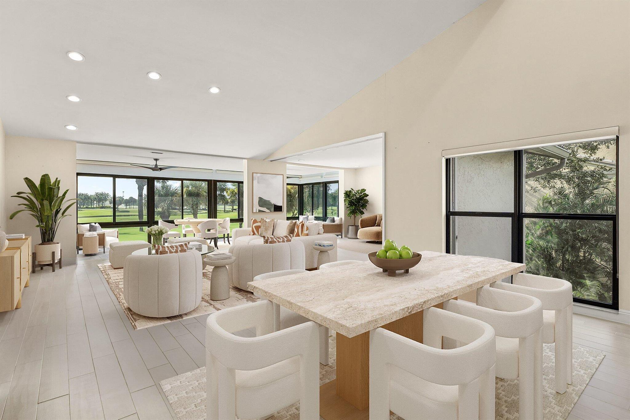 Pinnacle top-floor residence in Eastgate boasting panoramic eastern views of the water and golf course. This fully remodeled residence features 2 beds plus flexible den/3rd BR, 2 baths, and spans 2,202 square feet of luxury living space. Enjoy the bright, open-concept floor plan enhanced by a vaulted ceiling, neutral porcelain tile flooring, solid-core doors, and custom closets throughout. The kitchen provides custom high-grade cabinetry, granite countertops, and stainless steel appliances. The primary suite is a sanctuary, featuring an oversized bedroom spa-inspired bath with a large rain shower and dual sinks. Unit is equipped with hurricane impact windows and accordion shutters, a storm-rated entry door, new HVAC system and recently installed elevator lift! *Photos Virtually Staged*