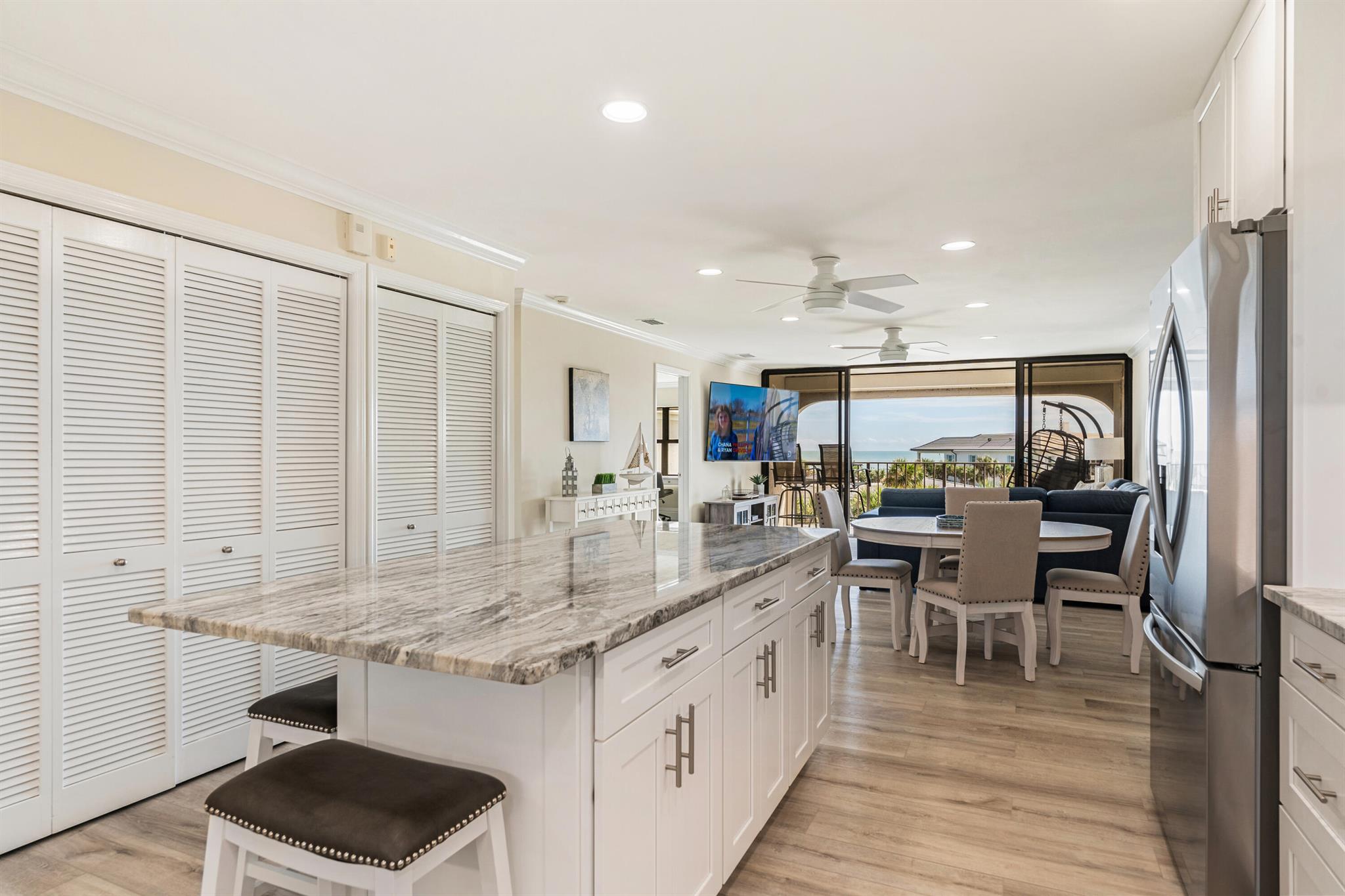 Just renovated/furnished 2 Bed 2 Bath Ocean Front/View 1,300 sq ft condo in exclusive Indian River Shores with Garage, Tennis/Pickle Ball, Heated Pool, Community room, Shaker Cabinets, Granite Counters, SS Appliances, 3 TV's, Custom Closets, and Storage Room. Enoy beautiful Ocean Views from Eat-in Kitchen Island, Living/Dining area, Master Bed & Balcony. Stroll 1 Mile to shopping/restaurant & 2.5 miles to Vero's Scenic Oceanside village with it's famous Shopping, Restaurants, Night Spots, Hotels, Theater, Art Museum etc. Available at $4,000PM yearly, $4,000PM off season Minimum 2 Months $9,000 season Minimum 4 Months 55plus community and Pet free.