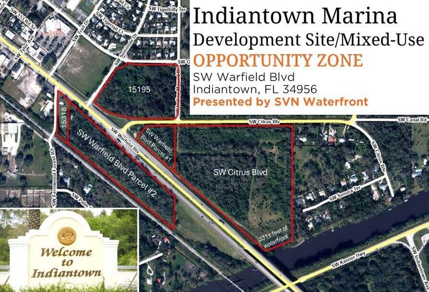 Own the Gateway to Indiantown, FloridaThe Indiantown Marina Development Site represents a premier and rarely available four-parcel assemblage totaling approximately 53.41+/- acres. This exceptional development opportunity is strategically positioned at the primary gateway entrance to Indiantown, Florida -- where ownership spans both sides of Warfield Boulevard as you cross the bridge into town.This commanding location allows you to create the defining, signature mixed-use destination at Indiantown's entrance -- a property that welcomes residents and visitors alike while fostering new business, residential, and economic growth within the community. Situated within a designated Opportunity Zone, the property offers federal tax incentives that encourage investment and long-term appreciation.