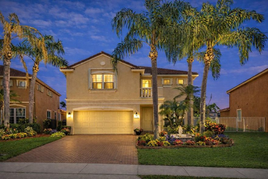 Rare lakefront home in man-gated, pet-friendly Mizner Pointe! Lakefront here is rarely available. 4BR/3.5BA with 2,675 SF living (3,104 total) and a main-level primary suite. Bright open layout w/ volume ceilings, crown molding, tile & recessed lighting. Upstairs: 3 bedrooms + 2 full baths incl. one en-suite. Screened patio with serene lake views; backyard fruit trees (mango, avocado, banana, pineapple). Updates: NEW 2023 roof, new gutters, fresh paint, 2019 A/C, Nest thermostat & ADT. 2-car garage and a spacious driveway for extra parking. No membership required + low HOA. Resort amenities: clubhouse, gym, pool, tennis & playground. Minutes to Boca's best dining/shopping, beaches, Turnpike & I-95. A-rated schools. Schedule today! Some photos virtually staged (clearly marked).
