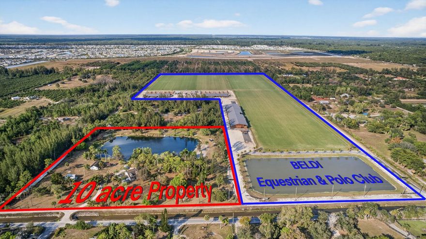 This 10-acre non-HOA property features a 3-acre lake, mature trees, and a two-story main house, and Guest cottage with vaulted ceilings and loft. Additional amenities include a workshop-garage with a 1-bed/1-bath apartment, fenced land, two-car garage, covered RV pad, electric, public water, well system, and septic. Sold as-is due to roof age, the estate is ready for barns, arenas, and paddocks, perfect for an equestrian retreat minutes from Wellington's showgrounds.