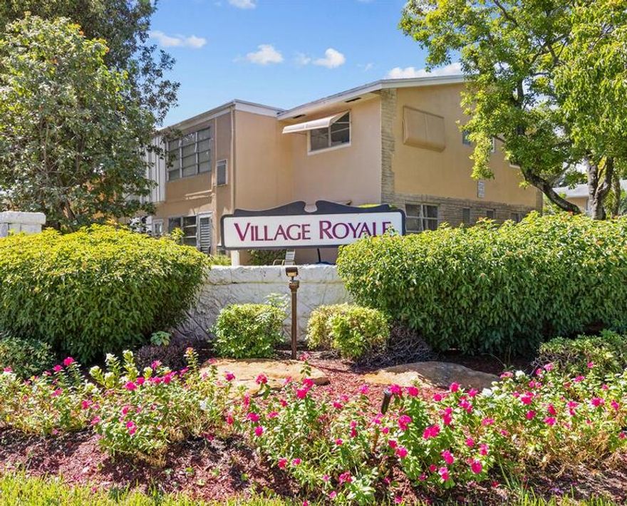 First floor condo is light, bright and furnished with some exclusions. Move in ready for your enjoyment. This is a 1 bedroom, 1 1/2 bath in the beautiful 55+ community of Village Royale. Very spacious living areas and master bedroom. Enclosed patio offers additional living space and has utility closet with washer, dryer, water heater and AC access. No pets allowed. Amenities include sparkling pool, clubhouse, shuffleboard and more! Water, trash, and basic cable is included in the monthly HOA dues.  Only minutes walking or driving to the Intercoastal and ocean.  A "NO PET" community