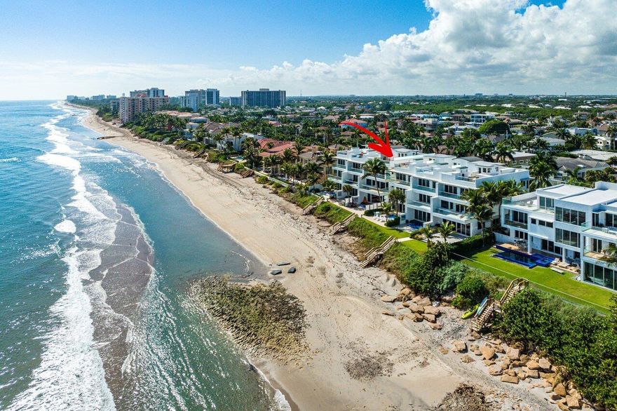 Step into serenity. Gorgeous 6 bedroom, 7 and a half bath masterpiece right on the beach.  Rarely available, ultra-luxurious Oceanfront Villa directly on the sand in Highland Beach. Securely located within the gated community of Ocean Place Villas, a private compound of only 6 homes for a fortunate few. This stunning four story corner  townhome features a rooftop sundeck and putting green. You will be taken back with the spectacular direct Ocean views from all levels of the home and floor to ceiling windows in the two-story living room, Natural light and good energy fills every space of this home. The infinity edge splash pool and our door BBQ are will entertain you while overlooking your own private beach. The first level features a 3-car garage with plenty of storage, full bathroom and a state-of-the-art media theater room with surround sound and luxurious seating. Located on the main level is you state of the art kitchen featuring Viking refrigerator/freezer gas cooktop with hood, chefs island, and granite countertops and backsplash, dining area overlooking the ocean, sitting area, family and living room. O Third level you will enjoy you master bedroom featuring with direct ocean views and a jacuzzi tub overlooking the ocean, a stunning bathroom, sitting area, fireplace, and large walk-in closets. Also on this level is an additional bedroom, office workout/yoga room. Take the stairs or elevator up to the next level where there are four spacious en suite bedroom (2 with direct ocean views) and a large lounging area with a wet bar but also could be used as a workout room.  Entertain with you family and friends on oceanfront rooftop deck with fireplace and putting green. Full impact glass, natural gas, Sonos and Crestron system for the entire home. Located directly on the sand and close to all major airports, highways, world class shopping, entertainment, dining, and A rated public and private schools. Furnishing available,