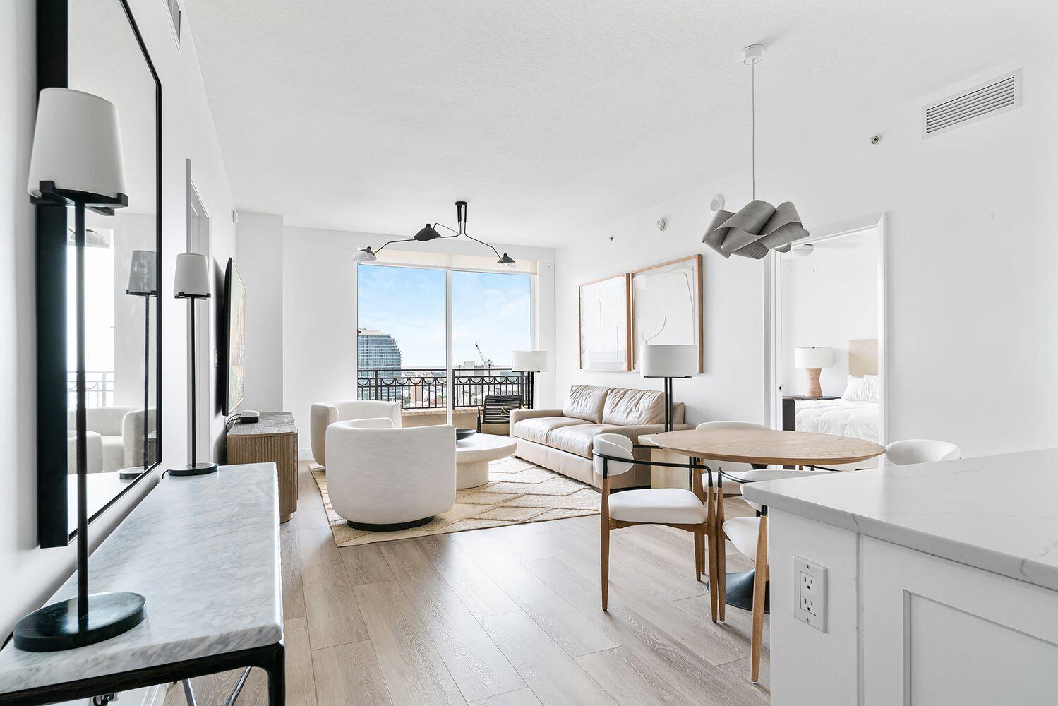 The perfect unit is ready for you this season. Spectacular direct Ocean and Intracoastal views from every room of this fully renovated, Upper floor 2 bedroom condo at the CityPlace South Tower. All new RH furnishings (seen pictured) can be included in the sale, or the unit can be purchased unfurnished as well. Also included are 1 parking space and 1 private assigned storage cage. Enjoy all of the buildings brand new updated common areas. CityPlace South Tower is a full service luxury building in the heart of Downtown with 24 hour doorman, valet, resort pool, gym, club room, and spa facilities. Located across from City Place (with new Equinox). Also walkable to many restaurants, the waterfront, Clematis St, Brightline Station, and Palm Beach Island just over the bridge.
