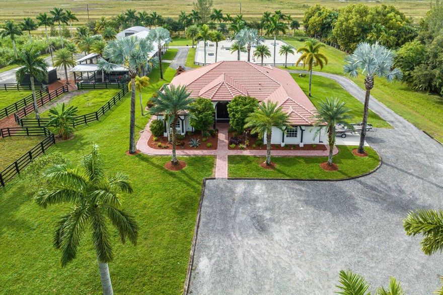 Rare opportunity to step right into your new 5 acre turnkey farm just in time for season! 4/3+Den split bedroom floor plan w/Thermador appliances, expansive covered/screened patio, pizza oven, 12 stall barn (2019) with studio lounge, tack room, feed room, 4 covered wash stalls w/fans, additional storage building w/electric, water, RV hookups, & storage container. Ring is 175 x 110 w/large irrigation jets, can easily be enlarged to regulation dressage or larger, 6 irrigated paddocks, 2 separate gated entrances. Both tractors & drags, riding mower, jumps, & Theraplate included.  Major drainage work recently done to ring ($18K drain, ring laser graded to drain).  Hacking distance to 365 acre preserve at the end of the road as well as all Wellington bridle paths and WEF!