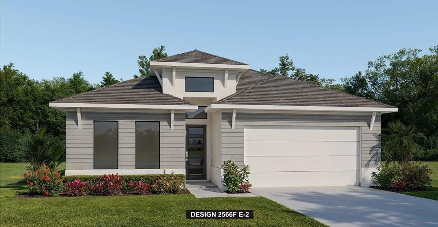 The front porch opens into a welcoming entryway with an extended tray ceiling that embraces the main hallway. A bonus flex room overlooks the front yard right off the front door. The kitchen features an island with built-in seating, a 5-burner gas cooktop and walk-in pantry. The dining area flows from the kitchen to the connecting family room which offers plenty of natural light from its sliding glass door and access to the extended backyard covered lanai. Primary bedroom has a wall of windows overlooking the backyard. Double doors lead into the bathroom which hosts dual vanities, a freestanding tub, glass enclosed shower, two walk-in closets and dual access to the laundry room. Two secondary bedrooms with a shared bathroom complete the home. Drop zone is located off the two-car garage.