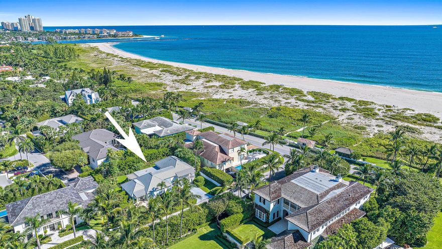 Rare north-end 4 BR, 3.1 BA, with 2-car garage offering an easy laid-back opportunity to embrace Palm Beach's unique tranquility only one house away from the ocean & close Bike Trail access.  Relax in the covered-loggia or the nearby shared oceanfront cabana with a covered area, patio furniture, fire pit & running water. This home is on one of the highest elevations on Reef Road. Move-in ready with a new primary bath & impact windows.  Should you prefer to renovate more fully, the property includes Architectural Com. (ARCOM) approved plans by Tralango & Taylor including a bar, gym, 50' lap pool, outdoor fireplace, landscaping & other luxury features. The north-end is home to the quietest beaches on Palm Beach & is only a 10 minute drive from The Royal, Worth Ave., restaurants & markets.