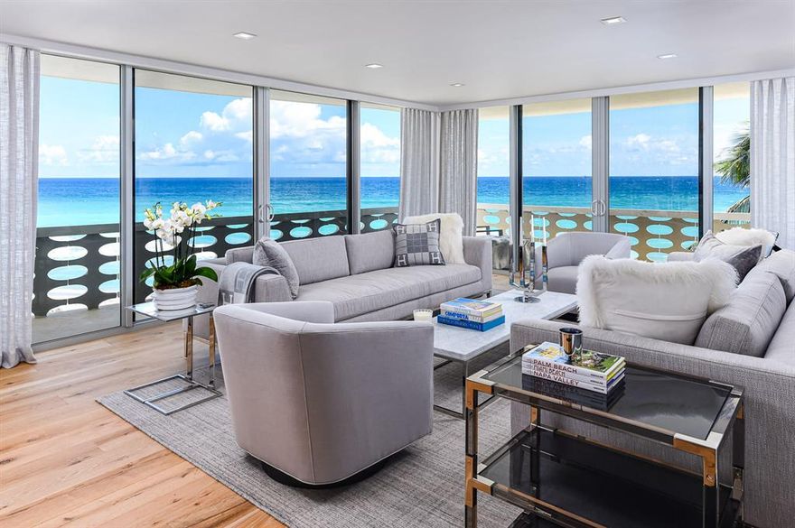 Gorgeous Direct Oceanfront In-Town. High floor, 2 bedroom, 2 bath corner surrounded by unobstructed ocean views from every room. Featuring a new meticulous renovation tastefully designed with the finest custom finishes throughout and ''offered fully furnished''. Fabulous deep wrap terrace to enjoy the sights and sounds of the waves and the wide sandy beach. Premier full service building with every amenity imaginable and newly completed common areas inside and out. 2 car garage, valet parking, and direct ocean access. Nearby dining, upscale shopping, cultural activities and The Breakers Resort. Ready for immediate enjoyment!!