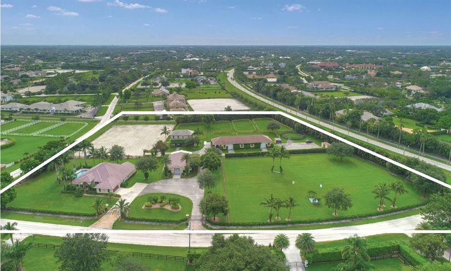 Best priced property with incredible location in Saddle Trail! 225' x 150' ESI ring with gate directly onto the bridle path. Large grass riding field. 6 ample-sized paddocks with new sod and fencing. New 6-horse walker! Two barns-larger barn with 13 Laake stalls, 3 wash/grooming stalls w/ hot & cold water, and has a large paved storage area. The smaller barn has 8 stalls, a tack room with a small kitchenette, & two wash/grooming stalls. 4 bedroom, 1 bath grooms housing features two living areas (one up, one down) and commercial laundry on the ground level for both barn and apartment use. Entire property is on Aquasoft water filtration. The 4 bedroom, 3 bath house was redone in 2015. All new hurricane impact doors and windows, interior doors, bathrooms, and kitchen.