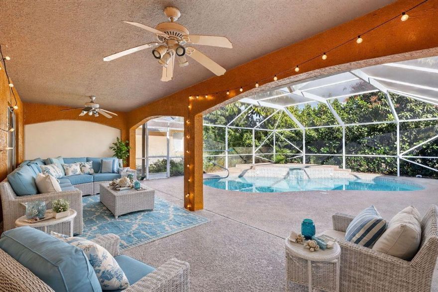 Welcome to this spacious 4-bedroom, 2-bath pool home in the highly desirable South Bend neighborhood. Thoughtfully designed with a split-bedroom floor plan, this well-maintained residence offers both privacy and functionality. Enjoy a 2-car garage, generous living spaces, and a solar-heated pool and spa enclosed by a screened lanai—perfect for relaxing or entertaining year-round. A new roof (2025) adds peace of mind. Ideally located just steps from the community park, offering easy access to walking paths, bike rides, and outdoor enjoyment. A wonderful opportunity to make this home your own.