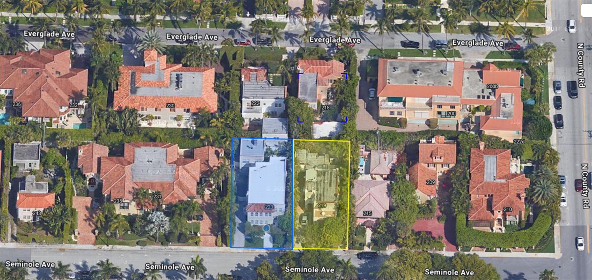 Offered as-is; unique opportunity for R-C redevelopment on a great mid-town street. Can be combined with the adjacent property (223 Seminole Ave) for $12,000,000. Parcels are legally separated and can also be sold individually. The combined R-C acreage is .27 (11,761 SF) or individual lots are 50x118. Incredible redevelopment play with close proximity to the beach, bike trail, places of worship, restaurants, shopping, The Breakers, and convenient access on/off the middle bridge.